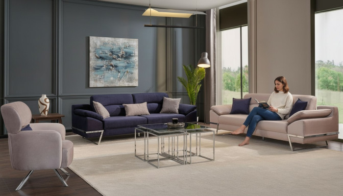 Luxus Sofagarnitur 331 Sitzer Dreisitzer Sofa Sessel Stoff Blau Modern
