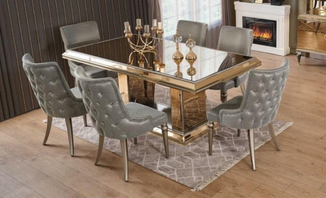 Essgruppe Esszimmer Esstisch Stühle Essecke Gold Holz Luxus Set 8tlg