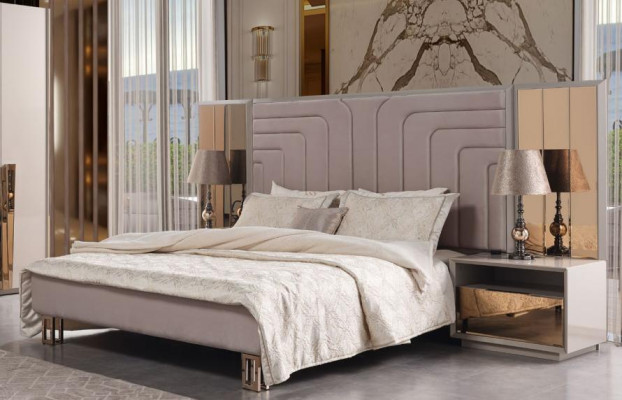 Garnitur Doppelbett Bett Beige Holz Luxus Modern Schlafzimmer Set 3tlg