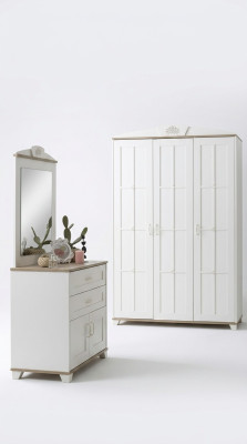 Garnitur Schlafzimmer Kleiderschrank Set 3tlg Kommode Holz Weiß