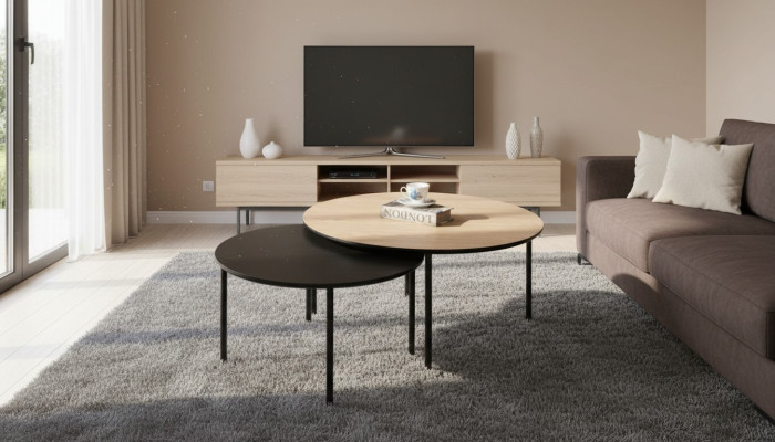 Couchtisch Kaffeetisch Gruppe Beisteltisch Schwarz Set Braun Holz 2tlg