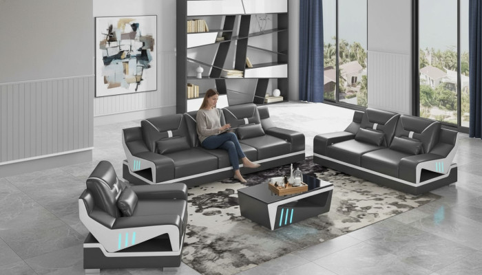 Luxus Sofagarnitur Komplette Couchgarnitur Schwarz Kunstleder Sofa 321