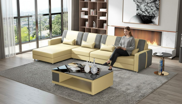 Eckgarnitur Ledersofa Ecksofa L Form Liege Couch Sofa Beige Luxus Neu