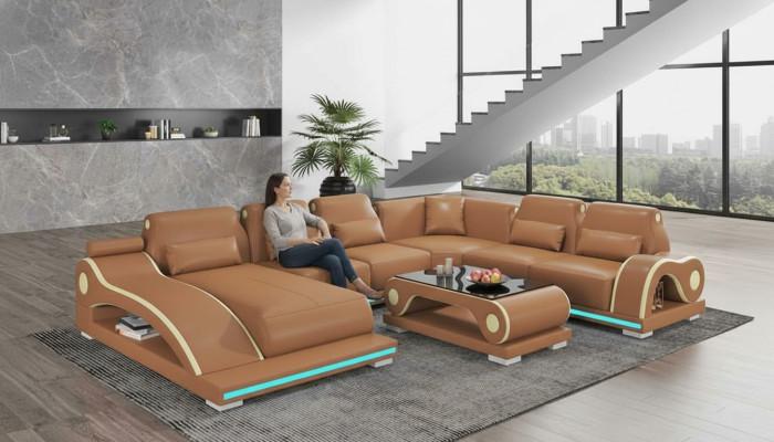 Wohnlandschaft XXL Sofa U Form Groß Ecksofa Ledersofa Braun Sofas Neu