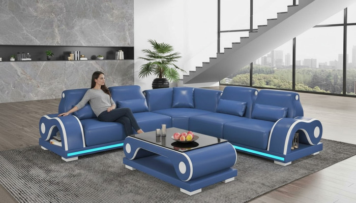 Ecksofa Ledersofa L Form Couch Sofa Blau Luxus Moderne Eckgarnitur Couchen