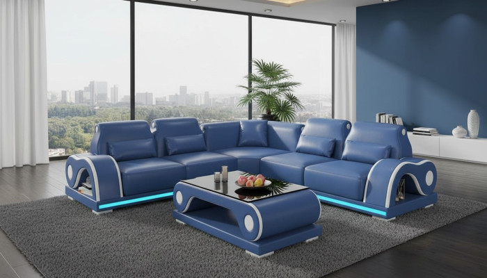 Ecksofa Ledersofa L Form Couch Sofa Blau Luxus Moderne Eckgarnitur Couchen