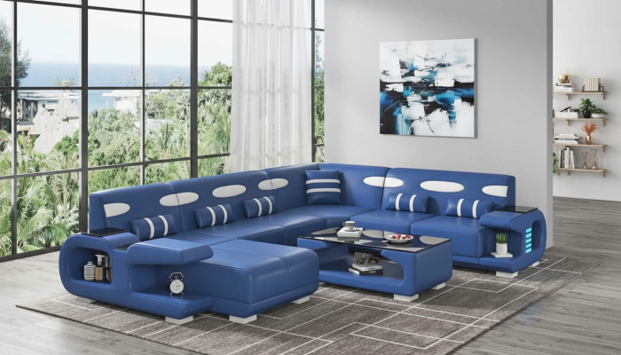 Wohnlandschaft XXL Sofa U Form Groß Ecksofa Ledersofa Blau Sofas Neu