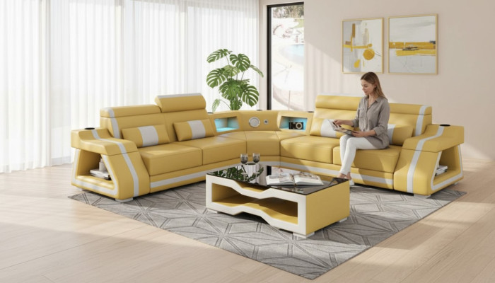 Ledersofa Eckgarnitur Ecksofa L Form Sofa Couch Beige Luxus Design