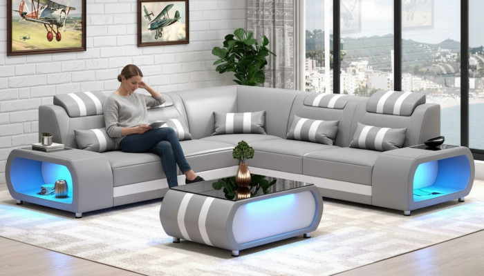 Ecksofa Ledersofa L Form Couch Sofa Grau Luxus Moderne Eckgarnitur LED