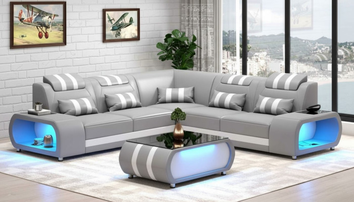 Ecksofa Ledersofa L Form Couch Sofa Grau Luxus Moderne Eckgarnitur LED