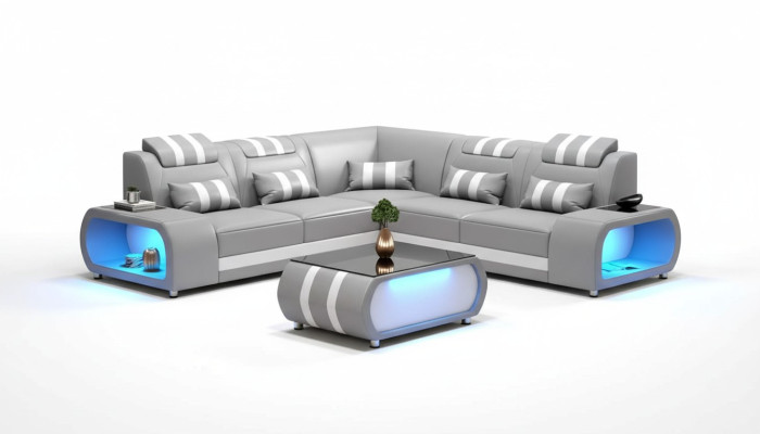 Ecksofa Ledersofa L Form Couch Sofa Grau Luxus Moderne Eckgarnitur LED
