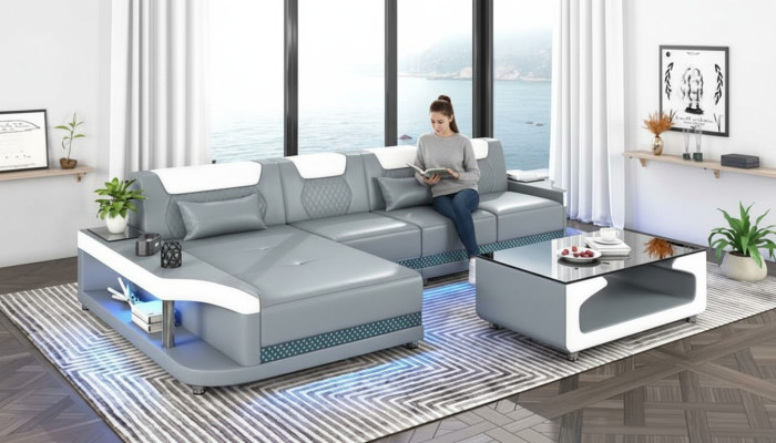 Eckgarnitur Ecksofa L Form Ledersofa Couch Sofa Grau Luxus Moderne Couchen