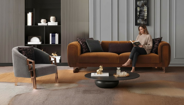 Couchgarnitur Dreisitzer Sessel Braun Stoffsofa Set Komplette Sofa