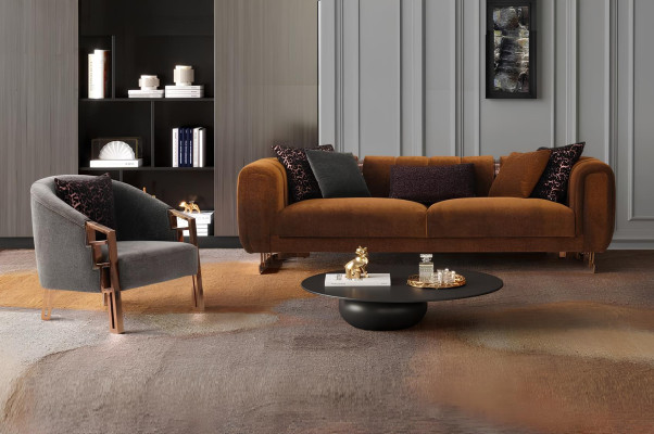 Couchgarnitur Dreisitzer Sessel Braun Stoffsofa Set Komplette Sofa