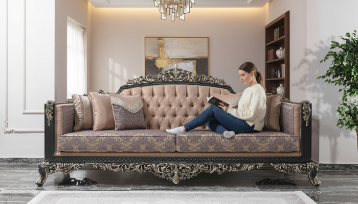 Dreisitzer Sofa 3 Sitzer Polstersofa Stoffsofa Beige Barock Couchen