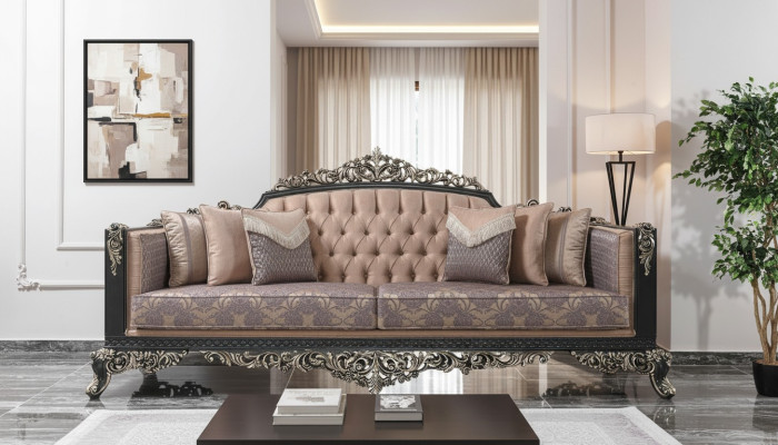 Dreisitzer Sofa 3 Sitzer Polstersofa Stoffsofa Beige Barock Couchen
