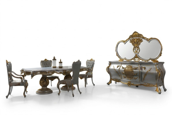 Essgruppe Esszimmer Esstisch Stühle Holz Set 11tlg Grau Barock Sideboard