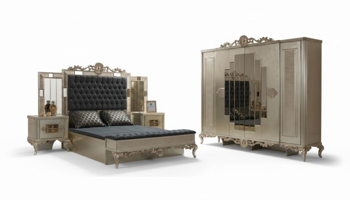 Doppelbett Chesterfield Luxus Schlafzimmer Garnitur Bett 5tlg Gold betten