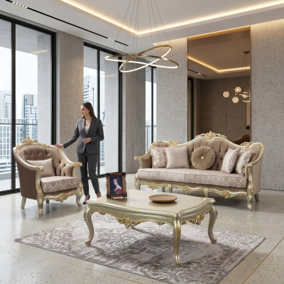 Stoffsofa Polstersofa Garnitur Sofagarnitur Beige Chesterfield Set