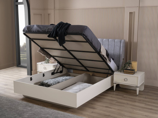 Garnitur Doppelbett Bettrahmen Stoff Schlafzimmer Weiß Holz Set 7tlg