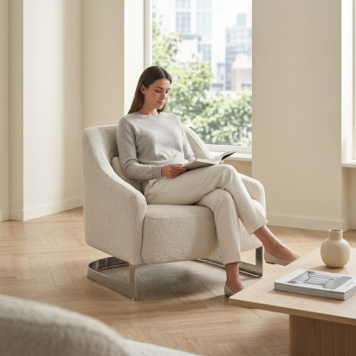 Moderne Sessel Ohrensessel Sitzer Polyester Weiß Stoff Wohnzimmer