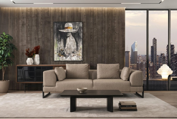 Sofa Dreisitzer 3 Sitzer Polstersofa Grau Stoff Stoffsofa Holz Sofas