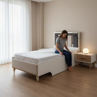 Luxus Kinderbett Bettrahmen Bett Kinderzimmer Bettgestelle Beige Stoff