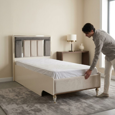 Kinderbett Bettrahmen Bett 120cm Kinderzimmer Bettgestelle Beige Stoff