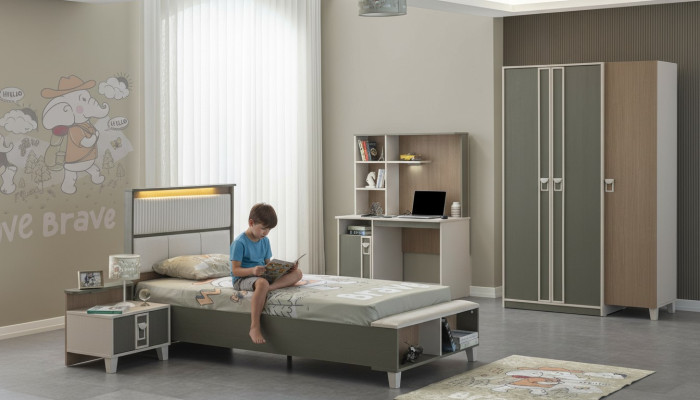 Garnitur Kinderzimmer Bett Kinderbett Kindermöbel Grau Holz Set 4tlg