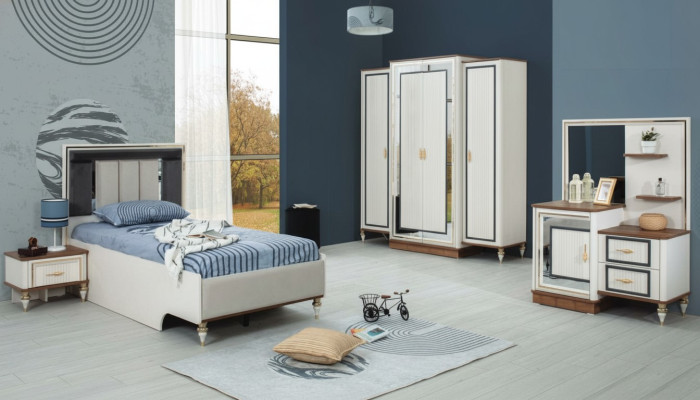 Garnitur Kinderzimmer Bett Kinderbett Kindermöbel Weiß Holz Set 5tlg