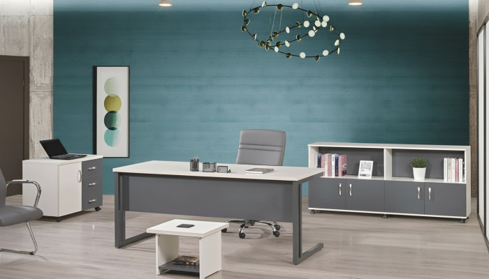 Büromöbel Grau Set 4tlg Schreibtisch Komplettbüro Schrank Holz Gruppe
