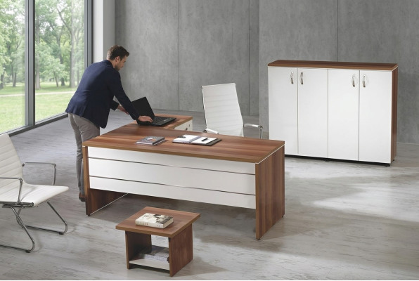 Garnitur Büro Eckbürotisch Arbeitszimmermöbel Schrank 3tlg Holz Weiß