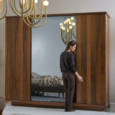 Kleiderschrank Schrank Holzschrank Braun Spiegel Schlafzimmerschrank