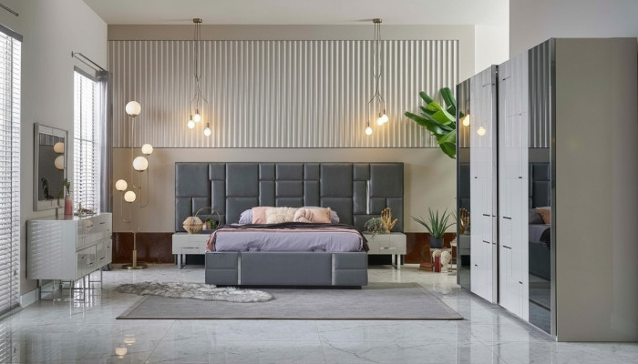 Bettrahmen Schlafzimmer Doppelbett Grau Holz Set 6tlg Kleiderschrank