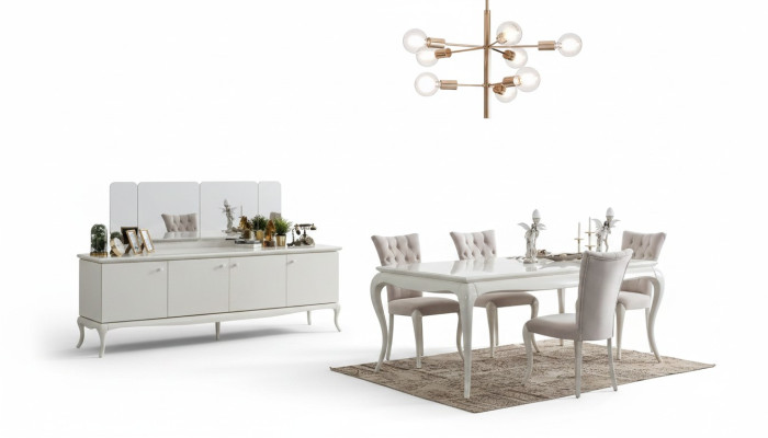 Essgruppe Essecke Esszimmer Esstisch Holz Weiß Set 7tlg Sideboard