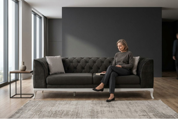Wohnzimmer Dreisitzer Chesterfield Couch Sofa 3 Sitzer Schwarz Stoff Stoffsofa