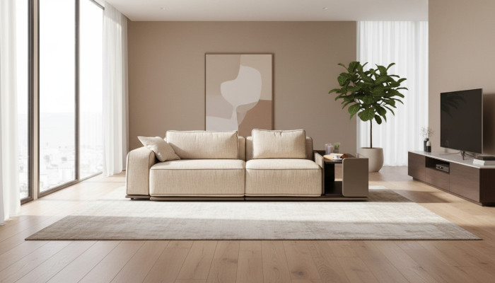 Dreisitzer Couch Sofa 3 Sitzer Beige Stoff Stoffsofa Polstersofa Tisch