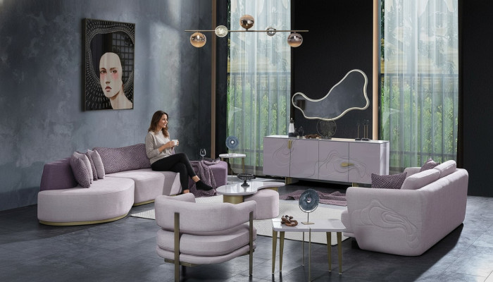 Stoffsofas Sofagarnitur Große Wohnlandschaft Rosa Set 3tlg Sofa Modern