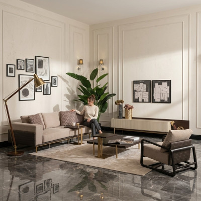 Komplette Wohnzimmer Sofa Couchtische 6tlg Stoffsofa Beige Holz Modern