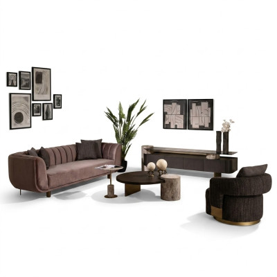 Wohnzimmer Garnitur Sofa Sessel Braun Stoff Couchtische Set 5tlg RTV