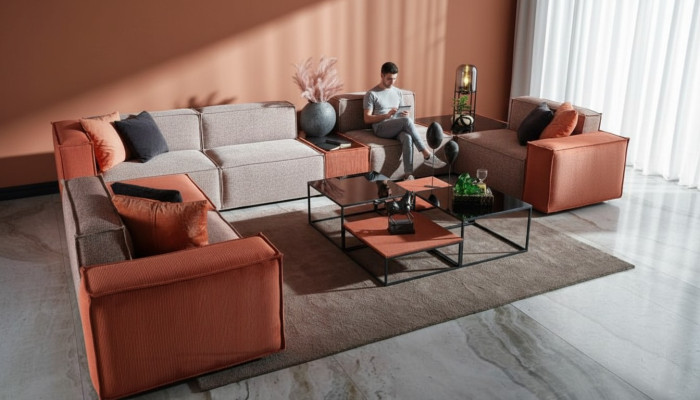 Großes Ecksofa U form Stoffsofa Couch Polstersofa Orange Moderne Sofa