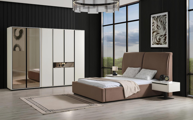 Schlafzimmermöbel Schlafzimmer Set Doppelbett Bett Nachttische 3tlg Beige