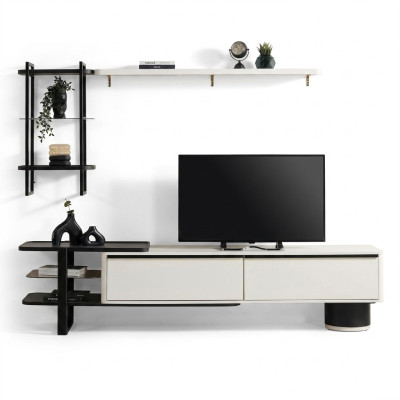 Wohnzimmer RTV Lowboard TV Ständer Schrank Holz Weiß Regale Wohnwand