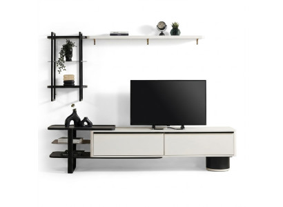 Wohnzimmer RTV Lowboard TV Ständer Schrank Holz Weiß Regale Wohnwand