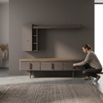 Wohnwand Sideboard RTV Lowboard Regale TV Ständer Schrank Holz Grau