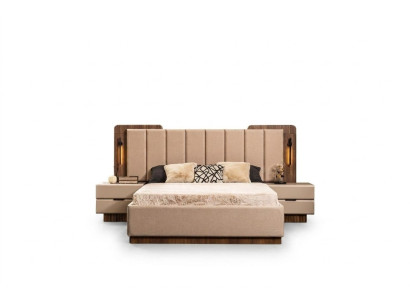 Komplette Schlafzimmer Doppelbett Bett Nachttische Beige Stoff 3tlg