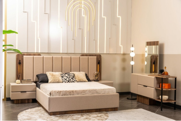 Schlafzimmer Garnitur Doppelbett Nachttische Beige Stoff 4tlg Schmink
