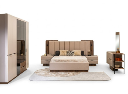 Doppelbett Garnitur Nachttische Beige Stoff 5tlg Schmink Schrank Bett