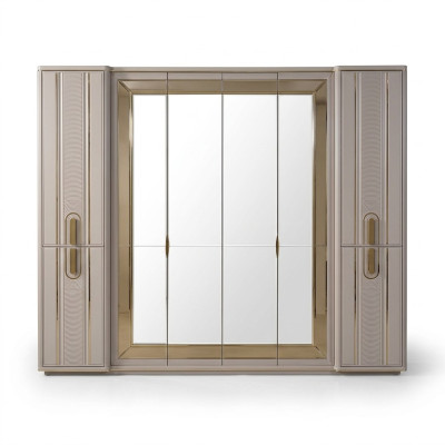 Luxus Kleiderschrank Holzschrank Garderobenschrank mit Spiegel Beige