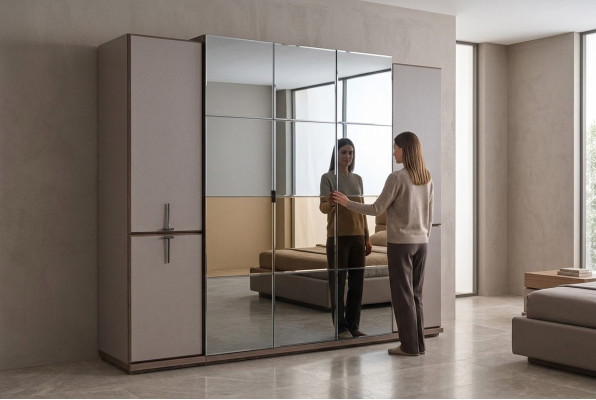 Kleiderschrank Garderobenschrank Design Holzschrank mit Spiegel Grau